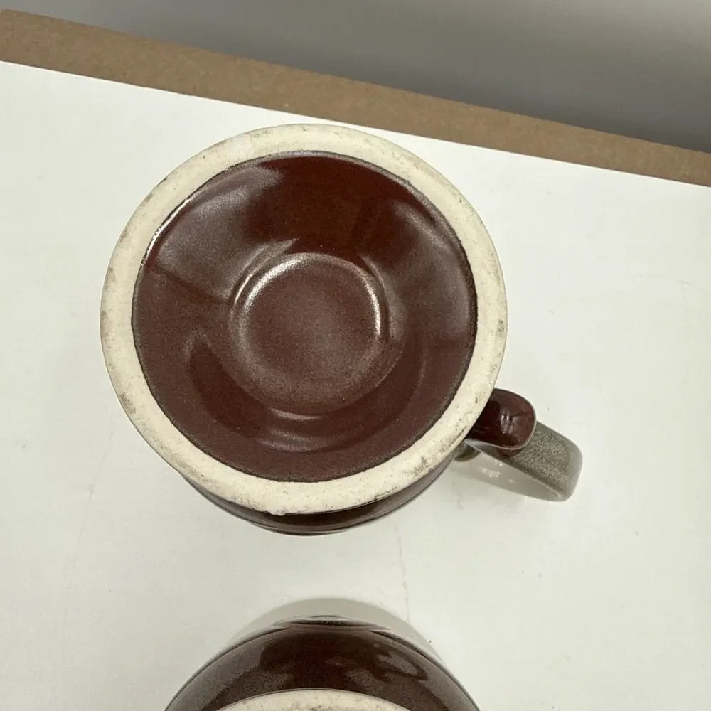 2 Vtg Stoneware Pottery Glaze Footed Brown & Greenish Gray Studio Clay Mugs Read